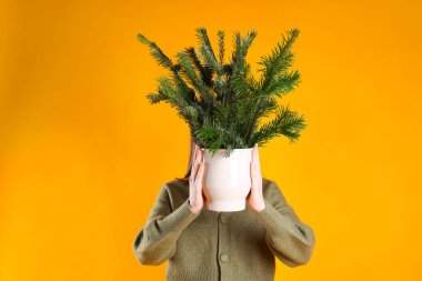 Turuncu arka planda köknar dalları olan bir kadın. Noel dekoru