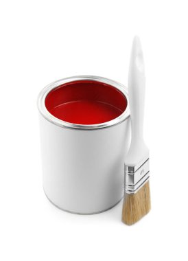Can of red paint and brush isolated on white