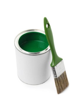 Can of green paint and brush isolated on white
