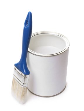 Open can of paint and brush isolated on white