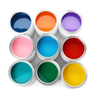 Cans of different paints isolated on white, top view