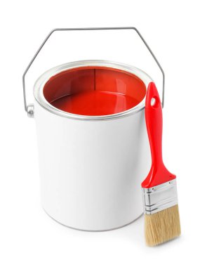 Can of red paint and brush isolated on white