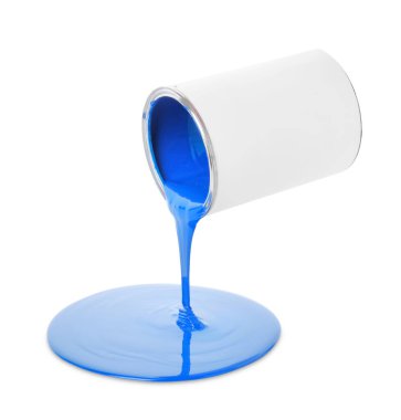 Blue paint flowing down from can on white background