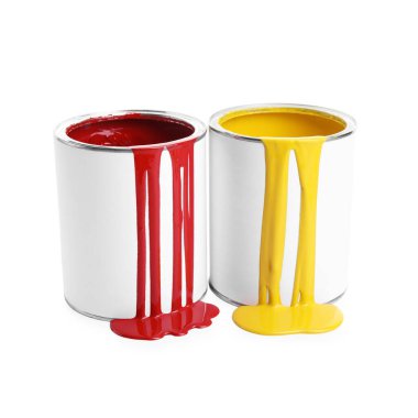 Cans with yellow and red paint isolated on white