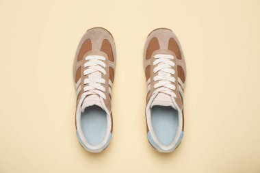 Pair of stylish sneakers on beige background, flat lay. Casual shoes