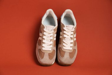 Pair of stylish sneakers on red-brown background. Casual shoes