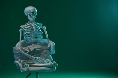 Artificial human skeleton model sitting on chair against green background, space for text