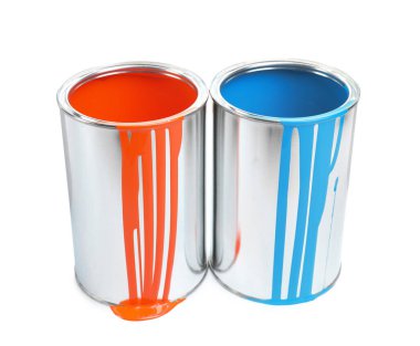 Cans of light blue and orange paints isolated on white