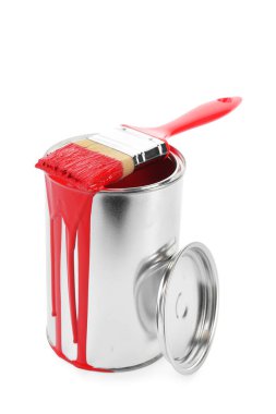 Can of red paint and brush isolated on white