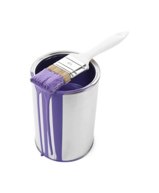 Can of violet paint and brush isolated on white