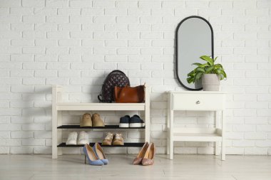 Ayakkabı bankı, farklı ayakkabılar ve ev bitkisi.