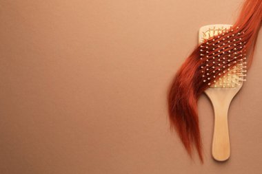 Tahta fırça ve bej arka planda bir tutam saç, üst manzara. Metin için boşluk