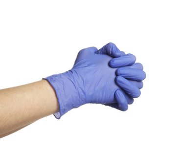 Tıbbi eldivenli doktor beyaz arka planda, yakın plan.