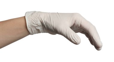 Tıbbi eldivenli doktor beyaz arka planda bir şey tutuyor.