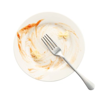 Kirli tabak ve çatal beyaz, üst manzara