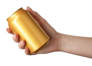 Beyaz arka planda teneke kutusu olan kadın, yakın plan.