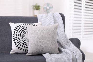 Odadaki kanepede yumuşak dekoratif yastıklar ve battaniye.