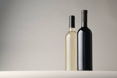 Açık gri arkaplanda şarap şişeleri, metin için boşluk