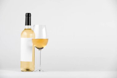 Bardakta şarap, beyaz arka planda şişe, metin için yer var.