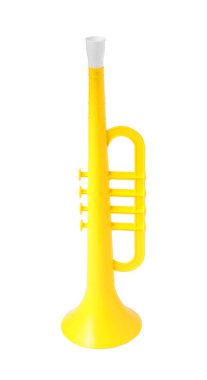 Sarı oyuncak boynuzu beyazda izole edilmiş. Çocukların müzik aleti.