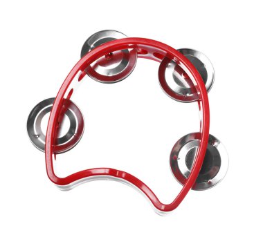 Kırmızı oyuncak tef beyaza izole edilmiş. Çocukların müzik aleti.