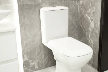 Duvarın yanında klozeti olan şık bir banyo. İç tasarım
