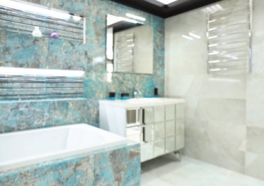 Duş küveti ve kiremit kaplama duvarlı şık banyo manzarası bulanık. İç tasarım