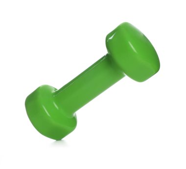 Beyaza izole edilmiş yeşil bir dambıl. Spor malzemeleri.