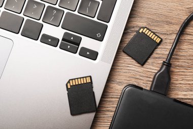 USB kablosu, SD hafıza kartı ve dizüstü bilgisayarı olan sabit disk sürücüsü, düz konum