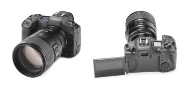 Fotoğraf makinesi beyaza izole edilmiş, kolaj. Farklı taraflardan görünüm