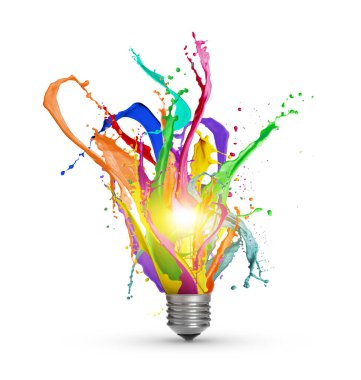 Fikir konsepti. Beyaz arka planda parlayan ampulden süzülen parlak boya damlaları