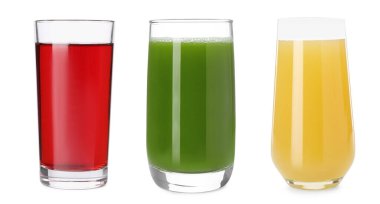 Beyaza izole edilmiş gözlüklerdeki farklı sıvılar.