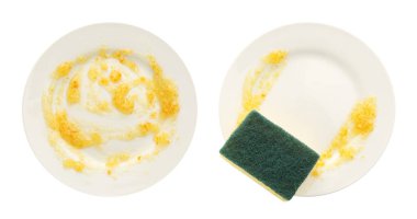 Kirli tabak ve sünger beyaza izole edilmiş, üst manzara. Bulaşık yıkama işlemi