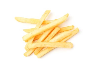 Many delicious French fries isolated on white, top view