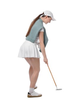 Beyaz arka planda golf sopası olan kadın.