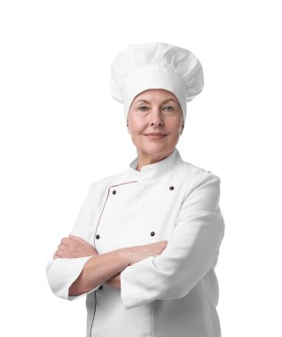 Beyaz arka planda profesyonel pasta şefinin portresi