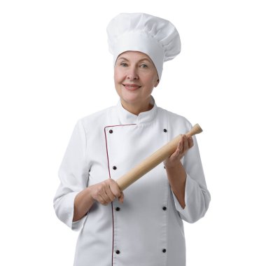 Beyaz arka planda merdanesi olan profesyonel pasta şefi.