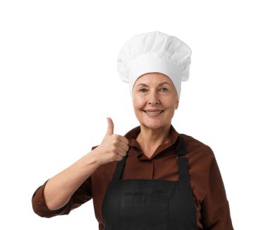 Beyaz arkaplanda başparmak gösteren profesyonel şekerleme uzmanı