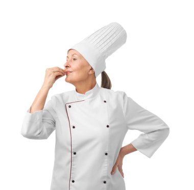 Beyaz arka planda şefin öpücüğünü yapan profesyonel bir şekerci.