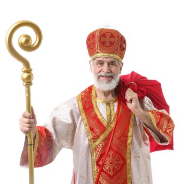 Beyaz arka planda çuval ile Aziz Nicholas
