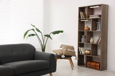 Rahat kanepesi ve ahşap raf ünitesi olan şık bir oturma odası. İç tasarım