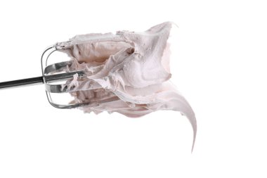 Hand mixer with delicious cream isolated on white