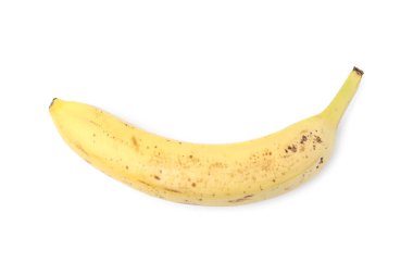 Tam bir olgun muz, beyaza izole edilmiş, üst manzara.