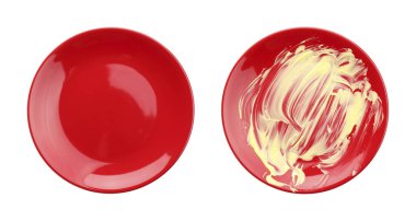 Temiz kırmızı plaka ve kirli olan beyaz manzarada izole.