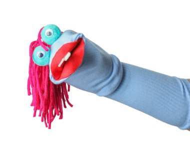 Beyaz saçlı, komik çorap kuklası.