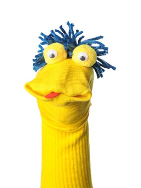 Beyaz saçlı, komik çorap kuklası.