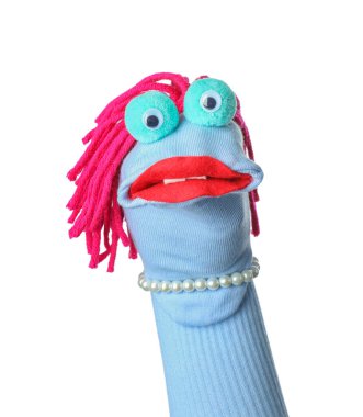 Beyaz saçlı, komik çorap kuklası.