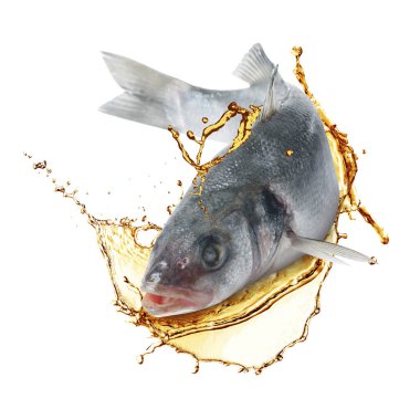 Yağlı taze balıklar beyaz arkaplanda sıçrıyor