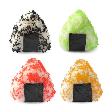 Lezzetli onigiri beyaz sette izole edilmiş. Japon yemeği