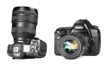 Fotoğraf makinesi beyaza izole edilmiş, kolaj. Farklı taraflardan görünüm